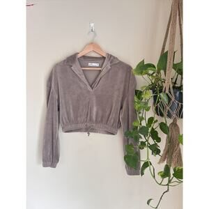 Zoe + Phoebe Taupe Velvet Cropped Collared Long Sleeve Blouse S Drawstring Hem